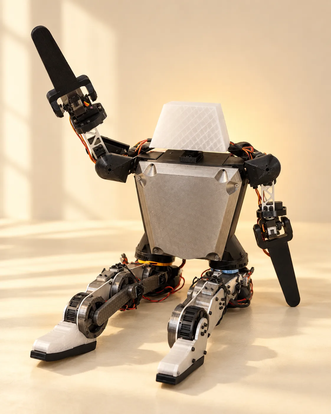 V1 sitting on the floor in soft morning light, one arm raised in a wave