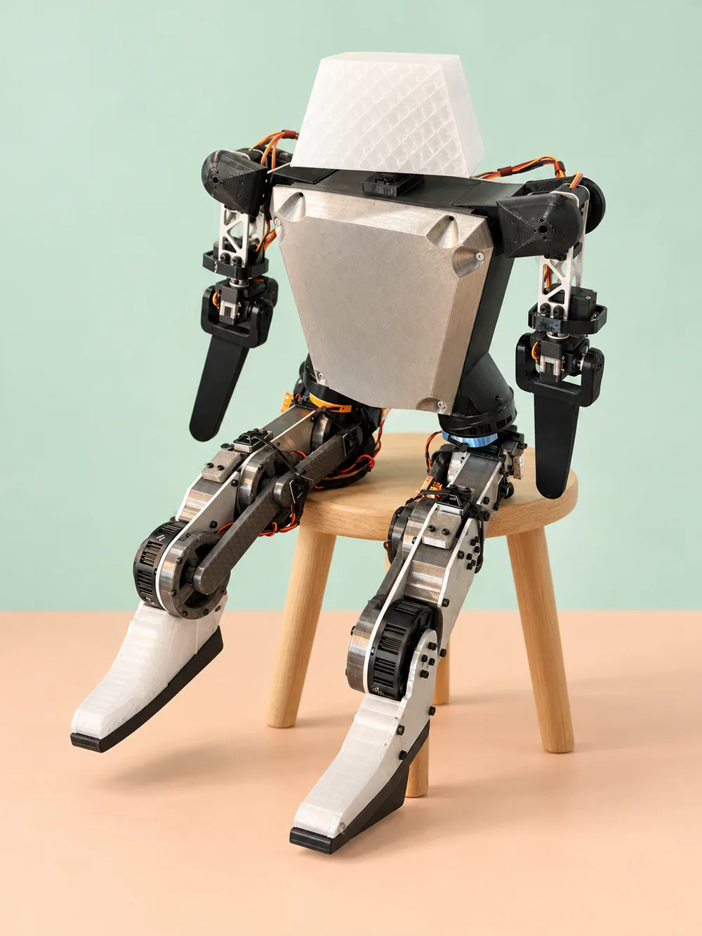 V1 sitting on a wooden stool seen from an angle, on a mint backdrop